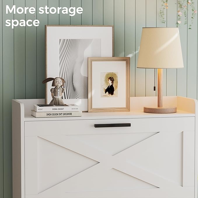 Homleke Farmhouse Shoe Storage Cabinet with Flip Drawers & Barn Door Design | Slim Narrow Shoe Rack Cabinet with Adjustable Shelves & Hidden Storage for Entryway, Foyer, Hallway, Living Room, White