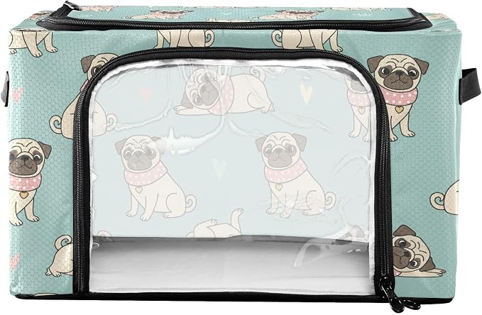 Cute Pets Pug Teal print Under Bed Storage Containers with Double Zipper Openings, Foldable Clothes Storage Bins with Clear Window and Handles for Comforters Bedding Blankets