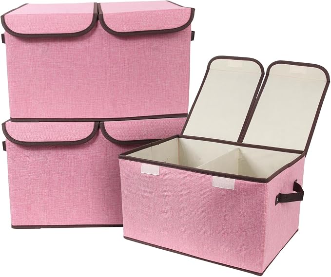 Foldable Fabric Storage Box, 16.5 x 11.8 x 9.8 inches (L x W x H), with Double-Lid & Dividers, Large Organizer for Home, Closet, Office(Pink, 3 Packs)