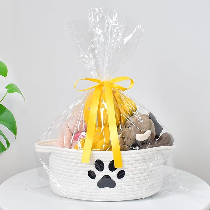 Small Woven Basket with Handle, Cute Dog Paw Baskets for Gifts Empty, Decorative Rope Woven Storage Dog Toy Basket, Nursery Baskets for Baby Shower, 12" x 8" x 5"