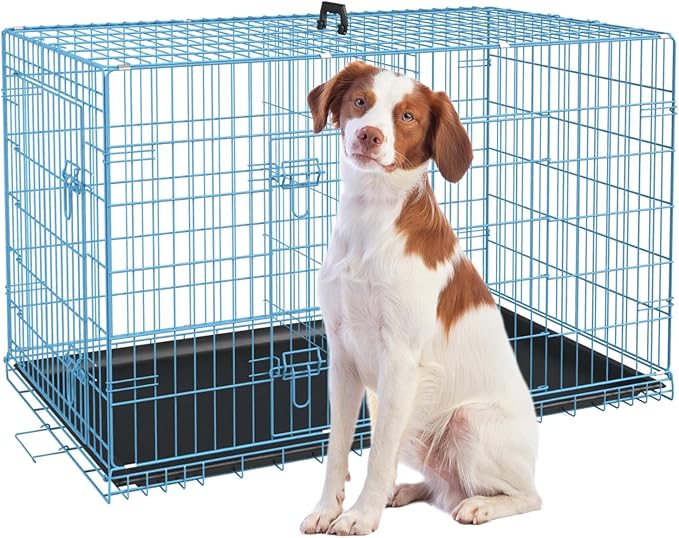 42 Inch Extra Large Dog Crate, Heavy Duty Dog Crates for Large Dogs, Metal Wire Folding Dog Cage with Removable Trays, Locks, Double-Door, Divider Panel, Handle, XL Dog Crate Pet Crate (42 in, Blue)
