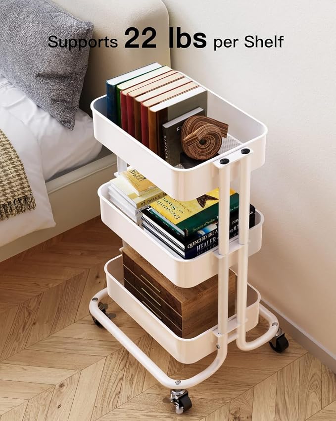 Pipishell 3 Tier Metal Rolling Utility Cart with 2 Lockable Wheels, White | 360° Rotating Wheel, Heavy-Duty Steel, Sturdy Dual Columns, Ventilated Mesh, Hold 22 lbs per Shelf, for Kitchen & Living Room