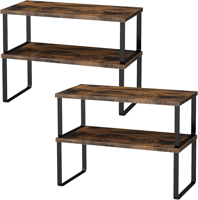 OGEMXU Cabinet Shelf Organizers, 15.7 inches Large Kitchen Counter Shelf, Set of 4 Wood Kitchen Pantry Organizer, Storage Shelves for Countertop, Spice Rack, Stackable, Expandable, Metal Black, Brown
