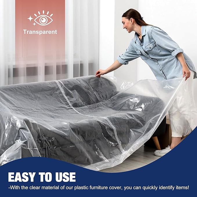 Clear Plastic Moving Loveseat Furniture Storage Covers | Extra Large 68x 62 x 42 Inch Sofa and Couch Bags, Waterproof and Dust Proof, For Renovation, Wrap, With Labels