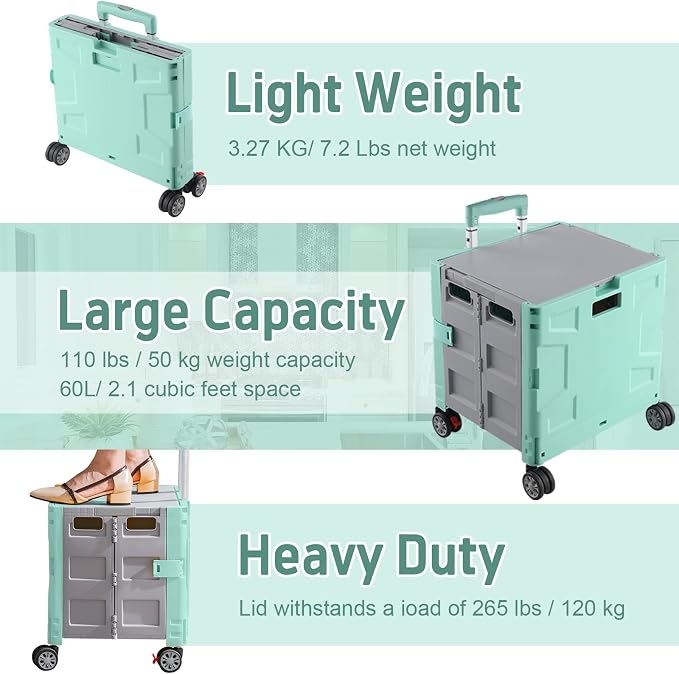FELICON Folding Utility Cart Rolling Crate Handcart Basket Tote-Green+Gray | Collapsible Hidden Lid,Plastic Box,Telescoping Handle,4 Rotate Wheels for Travel Shop Move Grocery Laundry Office Teacher Use