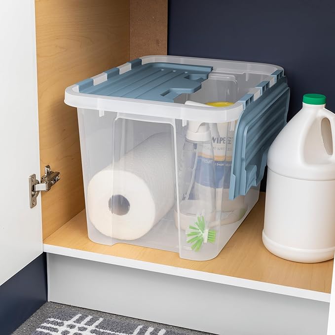 Sterilite Hinged Lid Storage Box, Plastic Container, 30 Quart, 6-Pack | Washed Blue - Home Organizer Tote for Storing Shoes, Crafts, Clothing, or Decor