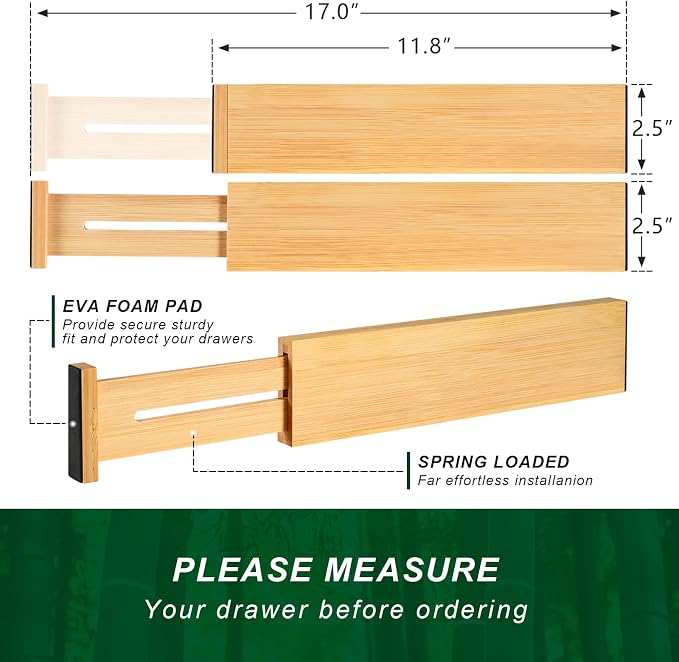 4 Pack Bamboo Drawer Dividers 2.6" High, Adjustable from 12 Inch to 17 Inch | Expandable Kitchen Drawer Organizer Separators for Clothes, Kitchen, Bedroom, Dresser, Office (Beige)