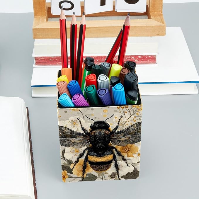 Cute Bee Pen Holder for Desk Decor, Rectangular PVC Leather Pencil Cup for Desk Pen Organizer, Makeup Brush Holder for School, Home, Office