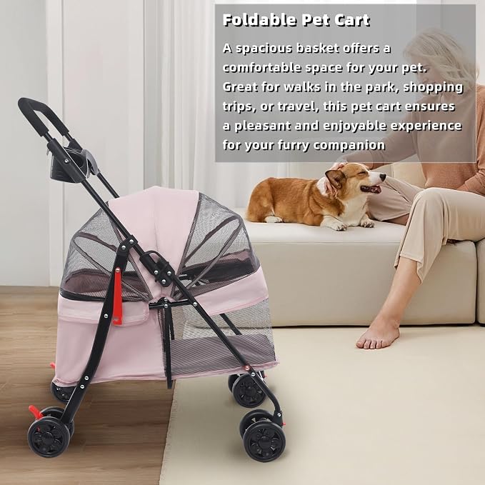 Pet Stroller for Small Medium Dogs Up to 40lbs, 4 Wheels Folding Pet Carriage Cart for Dogs Cats, Portable Cat Puppy Jogging Stroller with Rear Pocket and Cup Holder (Upgraded, Light Pink)
