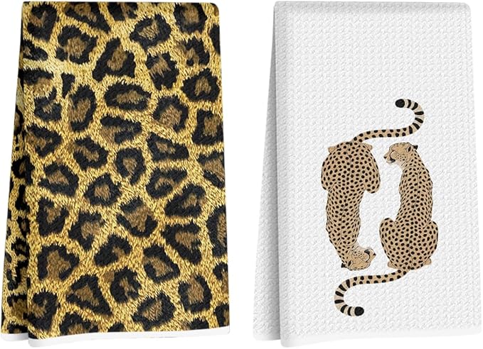 Hanamiya Na 2 Pcs Trendy Cheetah Leopard Print Kitchen Towels 14x24 Inch, Cheetah Print Gifts for Women Dish Tea Towels, Leopard Decor Hand Towels for Home Kitchen Bathroom