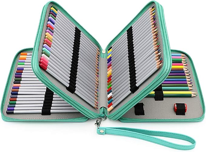 BTSKY Deluxe PU Leather Pencil Case For Colored Pencils - 120 Slot, Green | Pencil Holder with Handle Strap Handy Colored Pencil Box Large for Artists, Adults Coloring, Sketching, Drawing