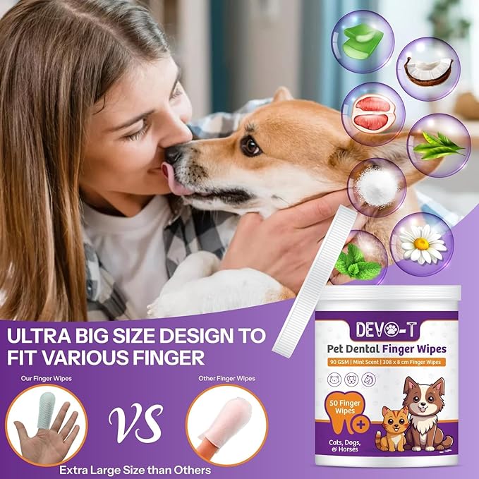 DEVO-T 100% Natural Dog Teeth Cleaning Wipes Unscented | 50 Count | Pet Teeth Cleaning Finger Wipes for Dogs, Cats & Horses | Remove Bad Breath, Plaque & Tartar Buildup | Dog Dental Wipes Finger