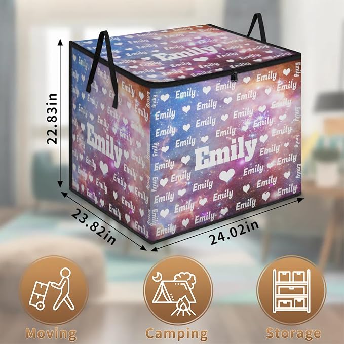 Custom Comforters Storage Basket with Lid, Personalized Name Large Organizer Bin for Pet/Children Toys, Books, Clothes, Perfect for Rooms/Playroom, Galaxy Universe with Love Heart