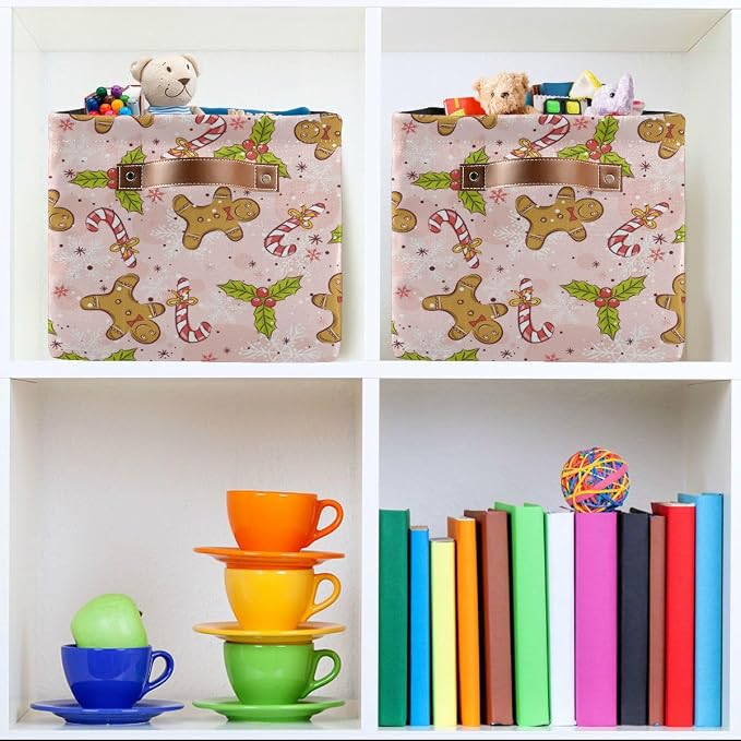 Christmas Gingerbread Man Pink Storage Basket Fabric Kitchen Baskets Candy Cane Poinsettia Winter Open Home Storage Bins Boxes Foldable Organizer Bag for Xmas Decorations Baskets 16×12×8 Inches 2 Pack