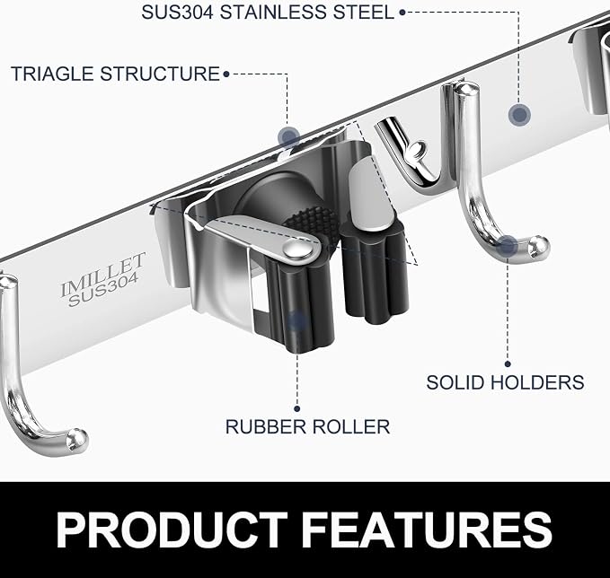 IMILLET Broom Holder Wall Mount, Heavy Duty Garage Organization Mop Hanger | Stainless Steel Broom and Mop Organizer Wall Hanging Self Adhesive for Laundry Room,Garden,Utility