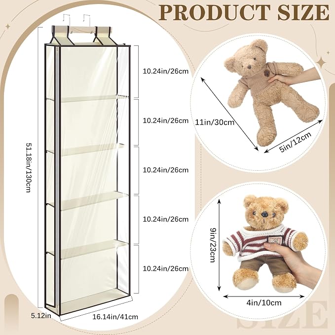 SATINIOR Hanging Stuffed Animal Storage with Zippers Dustproof over The Door Organizer with Large Pockets Different Hanging Methods for Shoes, File(Beige,5 Layer)