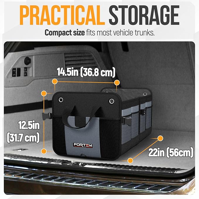 FORTEM Trunk Organizer - Collapsible Car Organizer & Storage Bag for SUVs | Car Accessories for Men & Women, Cooler Bag, Non Slip Bottom, Straps, Soft Cover, 1680D Oxford, 3 Compartments, Grey, 65L