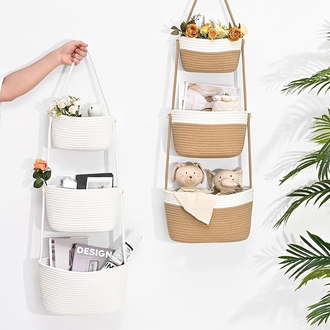 Hanging Basket, 3-Tier Woven Wall Basket with 4 Hooks, Cotton Rope Storage Baskets, Over the Door Organizer for Nursery, Bedroom, Cottage and Boho Wall Decor