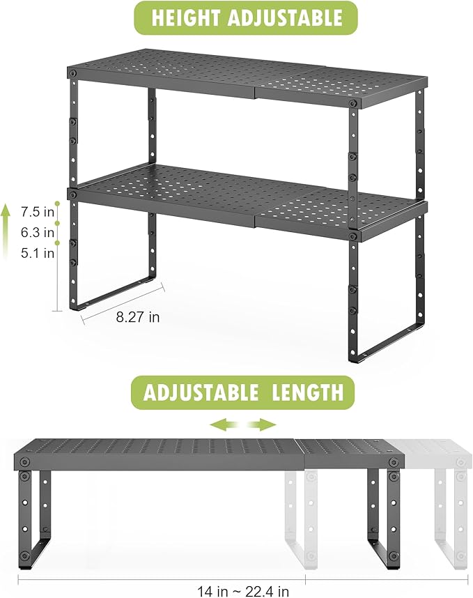 RUILALIFE Expandable Cabinet Organizer Shelf With Adjustable Height, Stackable Kitchen Countertop Organizer Rack, Adjustable Shelf Riser For Kitchen Counter, Pantry, Cupboard, Desk, Tabletop