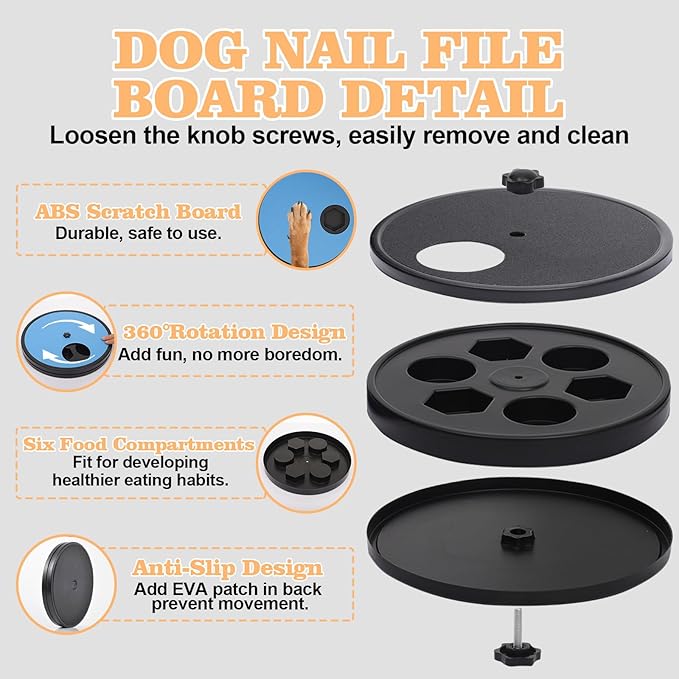 3 in 1 Rotatable Dog Scratch Board with Food Storage Compartment Box Round Stress-Free Scratch Pad ABS Nail Grinder Claw Care Dog Claw Grinder Board (Black)
