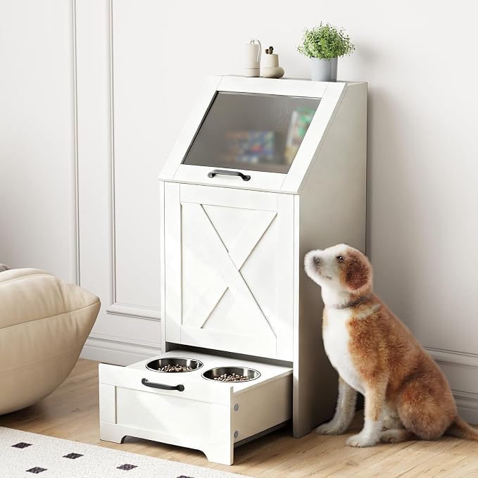 Pet Feeding Station with Storage Cabinet & 2 Elevated Bowls,Hooks,White | Flip-top Sealed Food Bin.Pull-out Bowl Drawer with Wheels.3 Side Hooks+Internal Shelf for Cans.Anti-tip Device.For Dogs/Cats.