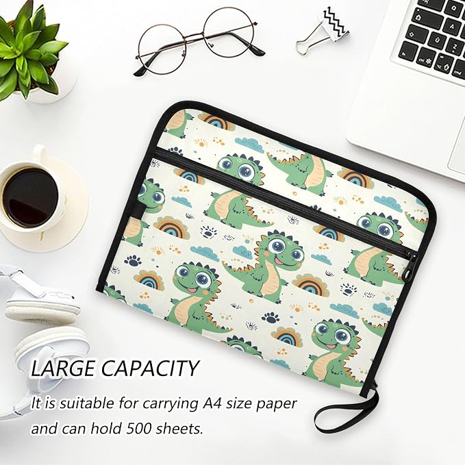 Green Dinosaur Rainbow Pattern 13 Pocket File Organizer Expanding File Folder with Front Pouch Portable Business File Storage Document Organizer Folder with Zipper
