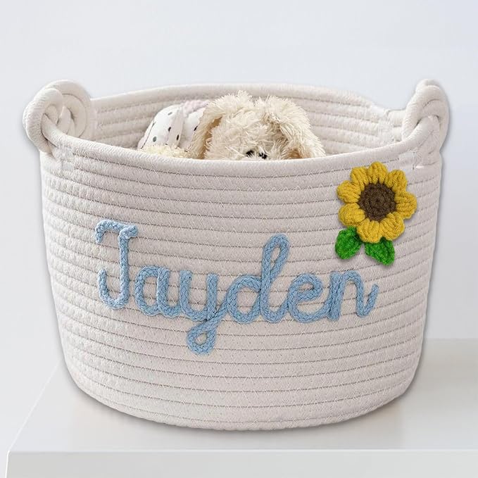 Personalized Dog Toy Storage Basket - Custom Woven Cotton Rope Bin with 3D Cord Name for Puppy Accessories, Treats & Pet Organization White L