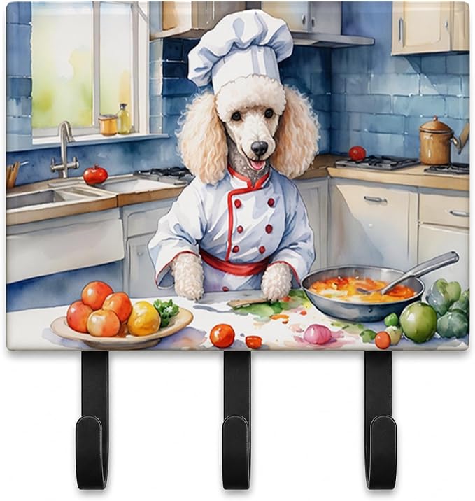 Caroline's Treasures White Poodle The Chef Leash or Key Holder Wall Hooks, Key Hooks Holder, Coat Rack Wall Mount, Coat Hooks, Hooks for Hanging Keys, Towels, Aprons, Leashes | White Poodle The Chef artwork on ceramic tile with three steel hooks for ke...
