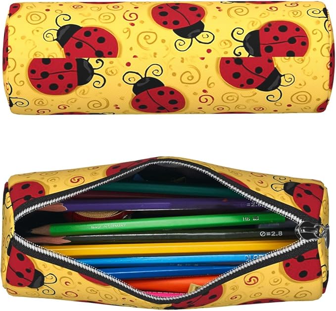 OSAM SPACE Leather Pencil Case Round Pencil Bag Cute Red Ladybugs Swirls Pen Organizer Holder Portable Zipper Pouch Cute School Supplies for Girls Boys Study Office