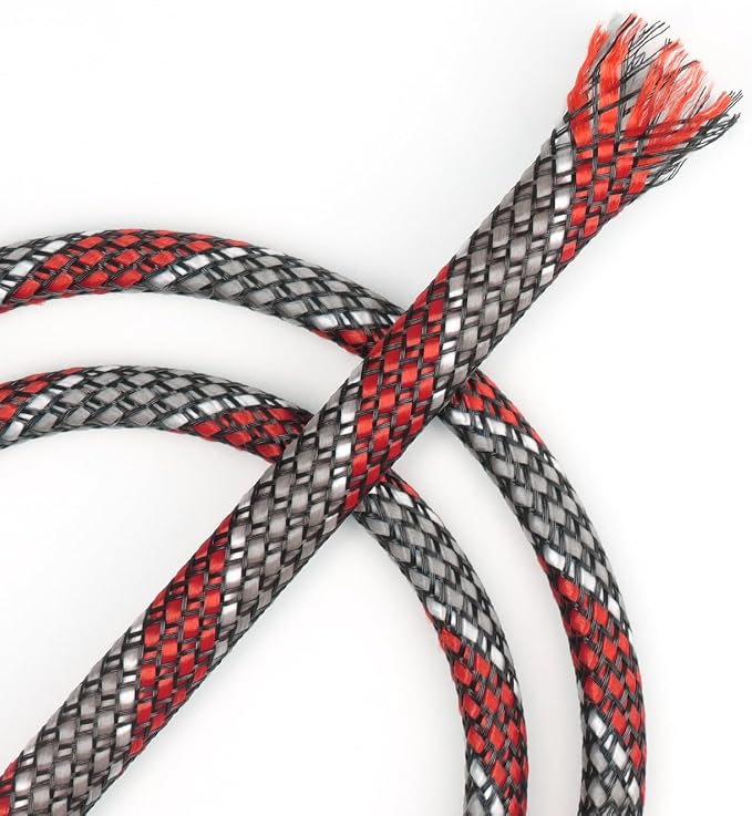 New Braid Sleeve,PP Cotton PET Braided Sleeve Tube Soft Wire Wrap Insulated Cable Protection Line Harness Sheath Daily Household Wire Management (Red Grey White, 12mm (15/32")-49ft)
