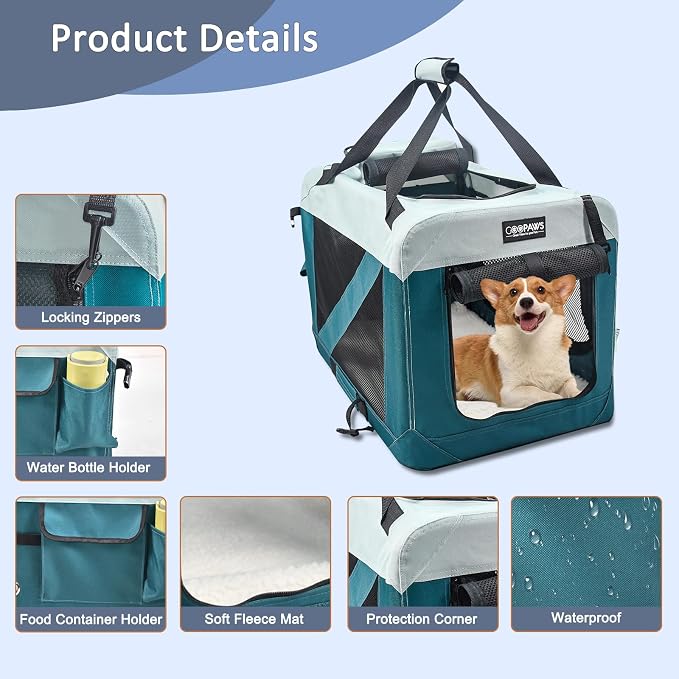 Jespet 3 Door Soft Dog Crates Kennel for Pets, Folding Travel Pet Carrier | 3 Mesh Doors 30'' Dog House, Large Pocket, Easy to Install, Steel Frame, Removable Crate Pad, For Indoor & Outdoor