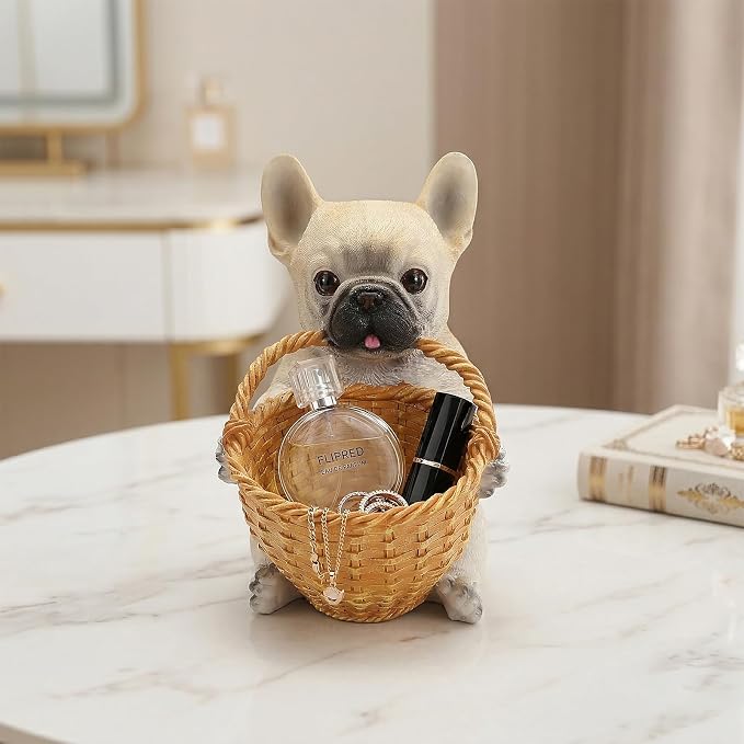 Cute French Bulldog Candy Bowl, Resin Dog Figurine Key Bowl for Entryway Table, Desktop Storage Basket Organizer for Desk, Unique Frenchie Lover Gift