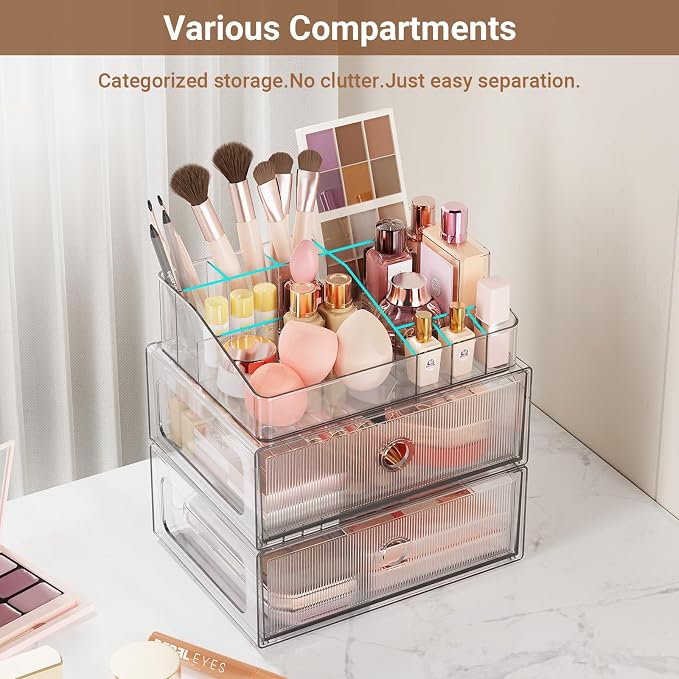 3 Tier Clear Makeup Organizer with Drawer, PET Cosmetic Storage for Dresser, Countertop & Bathroom Vanity, Holders for Lipstick, Brushes, Skincare & Beauty Supplies