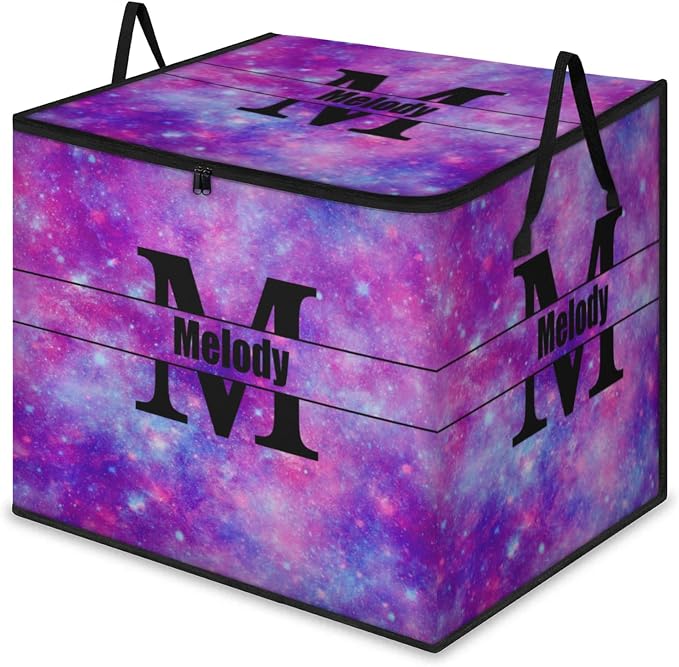 Custom Extra Large Storage Baskets Name with Lid, Personalized Initial Letter Storage Bins Basket Boxes Handles for Clothes Blanket Bedroom Closet Organizing Shelves, Watercolor Purple Universe