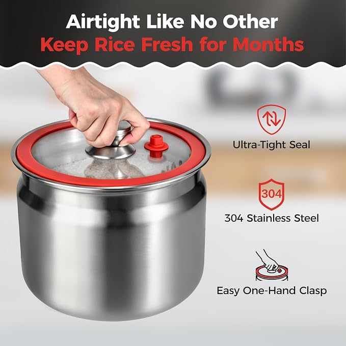 Umimile 304 Stainless Steel Airtight Food Storage Container – 10L (2.6Gal) Metal Canister with Clear Lid, 0.8mm Thick, Silicone Plug Release & Removable Gasket – for Rice, Flour, Pet Food