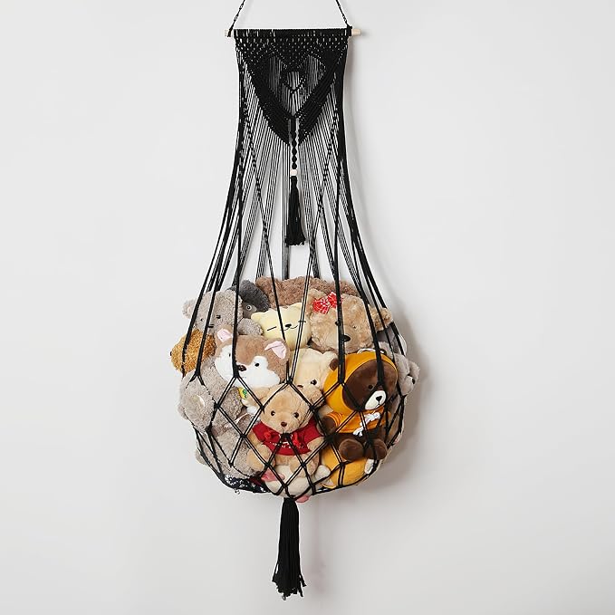 Amdermi Stuffed Animal Net or Hammock Corner or Wall Hanging Net for Plush Toy Storage Boho Macrame Toy Display Nursery Bedroom Decor Stuffy Animal Toy Organizer (Black)