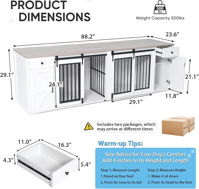Verano Garden 88" Dog Crate Furniture, Dog Kennel Cage, White (88") | 2-in-1, Lockable, Decorative, Sliding Door, Removable Divider, Adjustable Shelf, Farmhouse, Heavy Duty, Small Medium Dogs