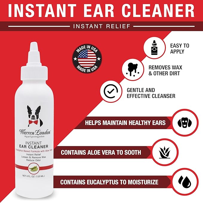 Warren London Ear Cleaner for Dogs & Cats 4 oz | Instant Aloe & Eucalyptus Ear Wash Solution – Cleans, Deodorizes, Soothes Itchy Ears, Prevents Wax & Odor | Puppy & Kitten Safe | Made in USA | 4oz