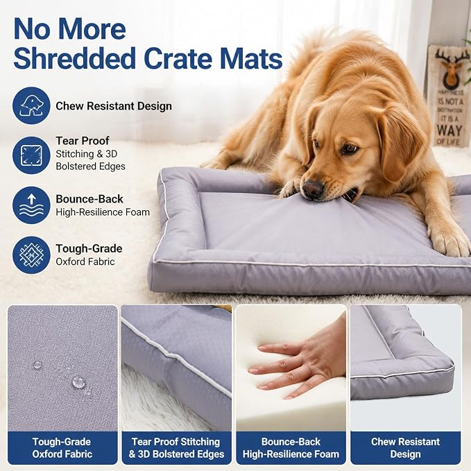 Dog Crate Mat Compatible with Kong, Heavy-Duty Chew-Resistant Crate Pad, Waterproof Oxford Fabric, Non-Slip Bolster Bed, 36" x 22", Gray, Easy to Clean