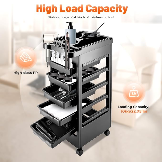 Hair Styling Salon Trolley Cart, Cart Rolling Organizer Mobile Barber Station with 5 Drawers and Dryer Holder for Hair Salons Pet Shops Beauty Salons