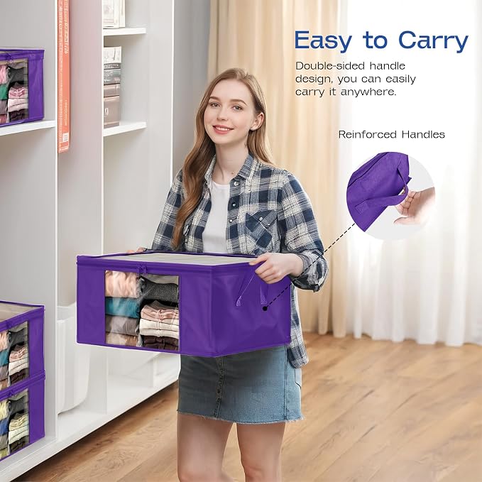 Clothes Storage Bags, Foldable Thick Fabric Blanket Storage Bags, Large Clear Window & Carry Handles, Great for Clothes, Blankets, Closets, Pillows (Purple, 4PACK)