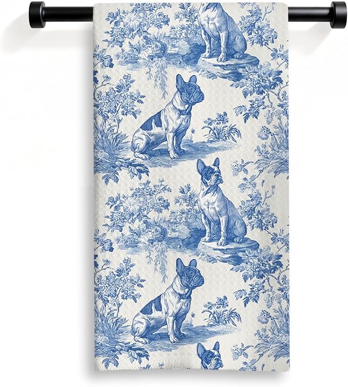 French Bulldog Kitchen Dish Towels,Blue and White Floral Dog Towel Dish Tea Towels, Chinoiserie Decor for Kitchen Bathroom,French Bulldog Gifts for Dog Lover Mom Dad,16x24 Inch