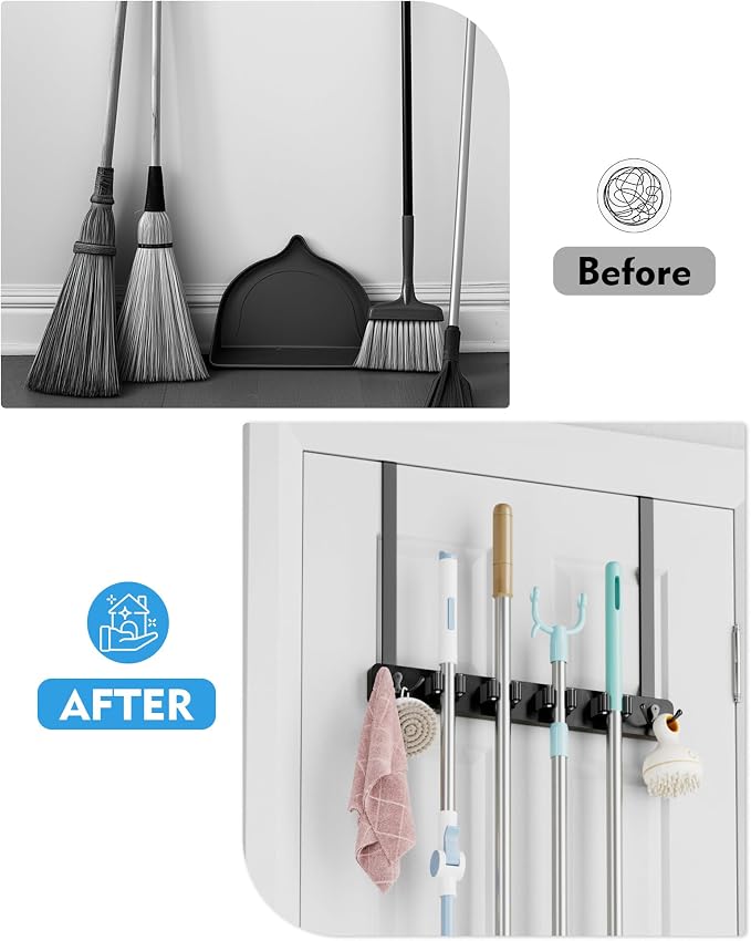 BS-VOG Over the Door Broom and Mop Holder, Broom Hanger, 4 Slots & 4 Hooks | Wooden Broom Holder Door Mount, No Drilling Required, EVA Door Protection Pads, Closet Garage Laundry Use, Black