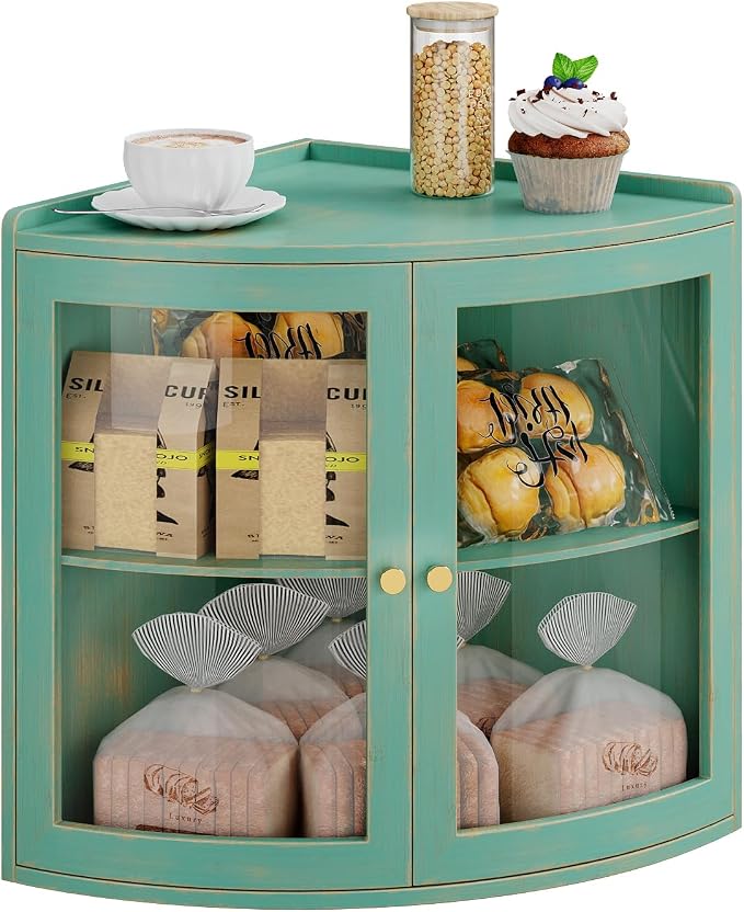 Trironsun Fan Shape Corner Bread Box for Kitchen Counter Double Layer Large Bread Storage Container with Acrylic Doors Farmhouse Wooden Bread Box Organizer for Homemade Bread (Antique Blue)