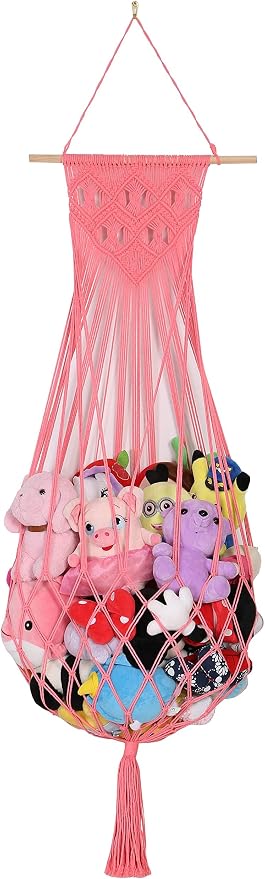 Stuffed Animal Hammock Wall Hanging Net for Stuffed Animal Net Stuffed Animal Storage Plush Toy Holder Toy Organizer for Boho Kidroom Playroom Nursery Decor (Pink)