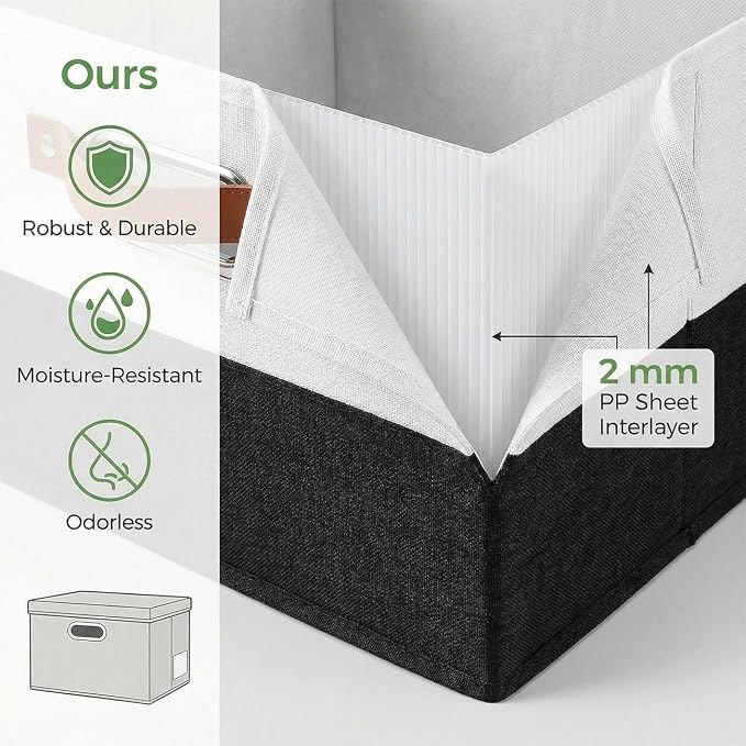 Storage Bins with Lids [3-Pack] Linen Fabric Foldable Storage Boxes Organizer Containers Baskets Cube with Cover for Bedroom Closet Office Black & White（11.4X8.6X6.7