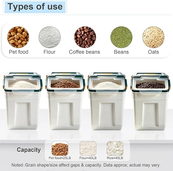 Saim 4Pack 50lb Flour & Rice Storage Container Bin (Dark Blue) | BPA free plastic with seal lid, rolling wheels and measuring scoop for rice, flour, cereal and grain one-hand scooping