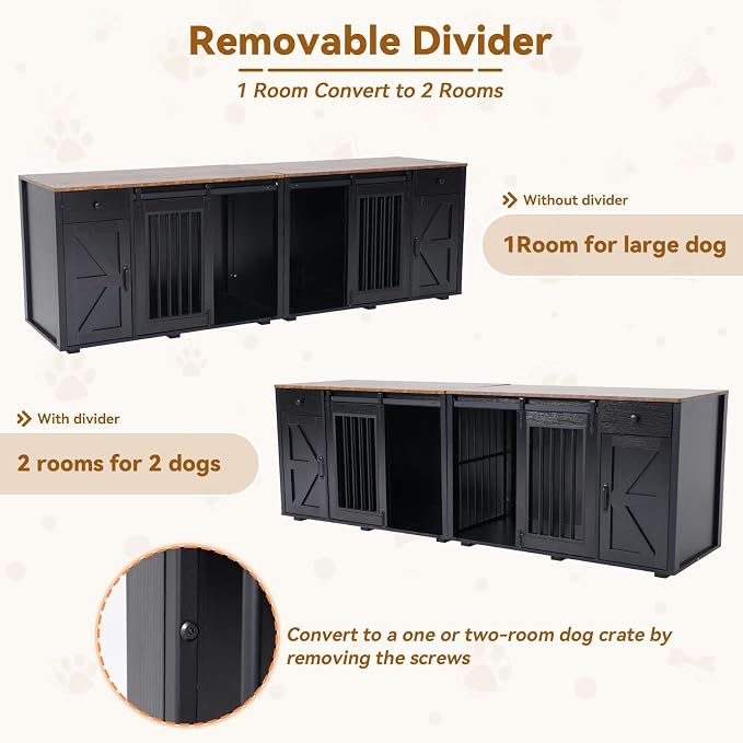 Verano Garden 88" Dog Crate Furniture, Dog Kennel Cage, Black (88") | 2-in-1, Lockable, Decorative, Sliding Door, Removable Divider, Adjustable Shelf, Farmhouse, Heavy Duty, Small Medium Dogs