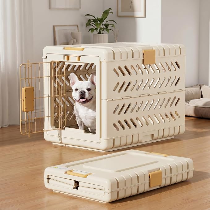 Collapsible Dog Crate for Small/Medium Dogs - 28" L Foldable Dog Cage No-Tool Assembly, Travel Dog Crate with 2 Wheels - Easy to Carry, Space-Saving, Indoor Outdoor Use, Cream, 28”L*18.3”W*20.9”H
