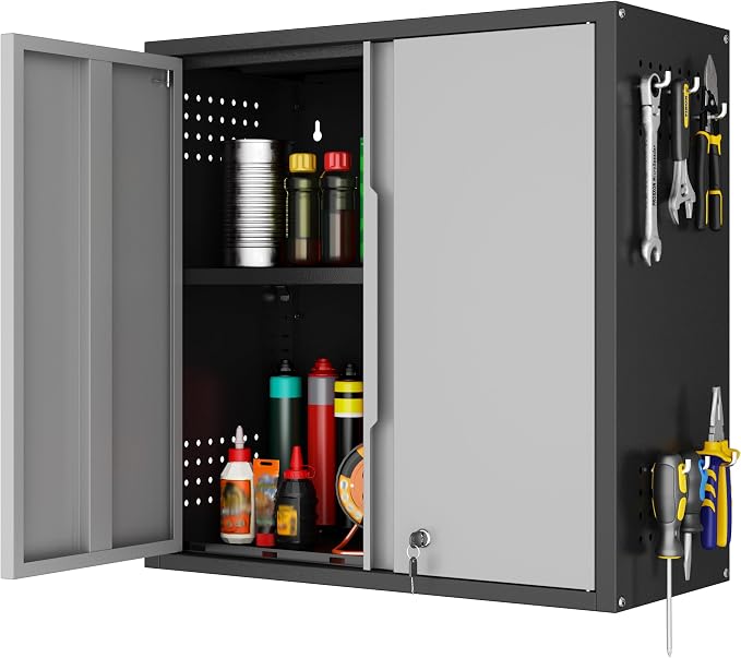 Garage Wall Cabinet with 2 Doors, Metal Wall Cabinet with Lock | 26''H Wall Mounted Cabinet, Lockable Floating Tool Cabinet, Steel Storage Cabinet for Kitchen,Office,Garage,Laundry,Warehouse